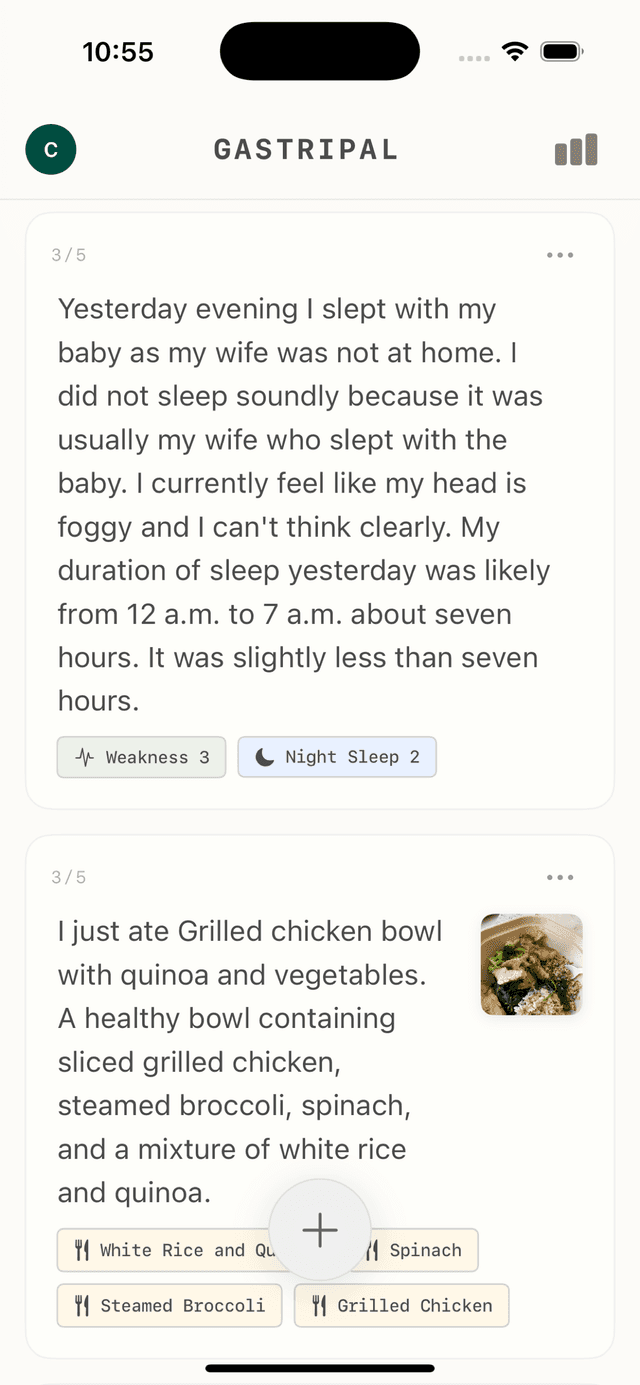 Gastripal diary interface